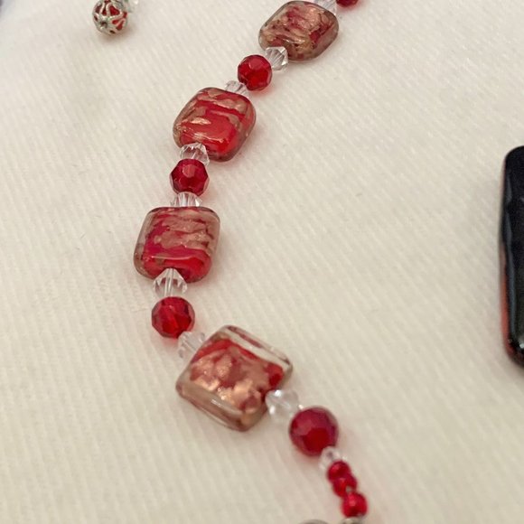 Red Pendant, Bracelet, Earrings, Lucite, Foiled Glass, Crystal, Silver Tone - Picture 2 of 5